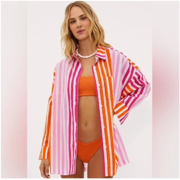 Beach Riot Other - Beach Riot Pink and Orange Striped Oversized Cotton Cover up Shirt 100% Cotton